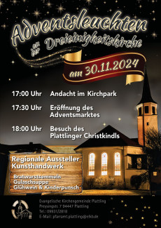 Plakat zum Adventsleuchten Plattling mit der Kirche Plattling im dunkeln