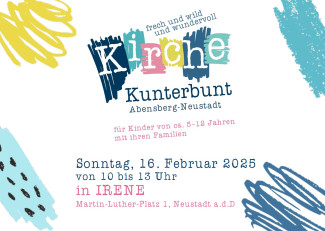 Flyer in bunten Farben, die aussehen wie gemalt für Kirche kunterbunt